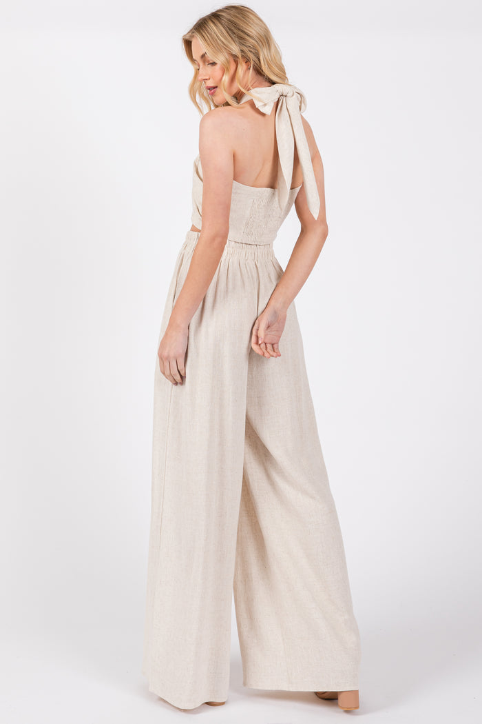 Beige Linen Smocked Top and Pants Set