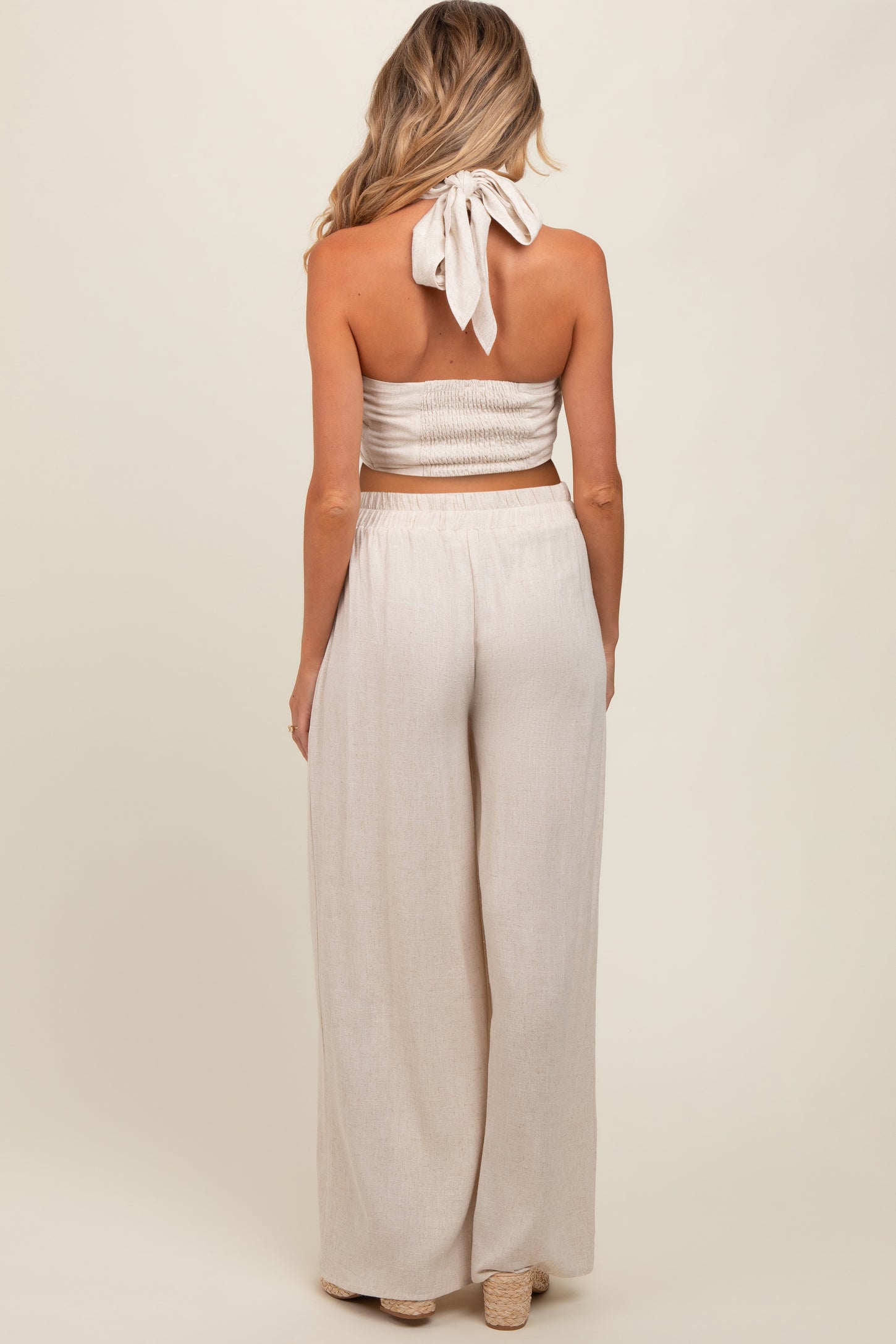 Beige Linen Smocked Top and Pants Maternity Set