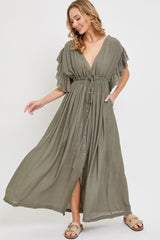 Olive Deep V-Neck Button Down Maternity Maxi Dress