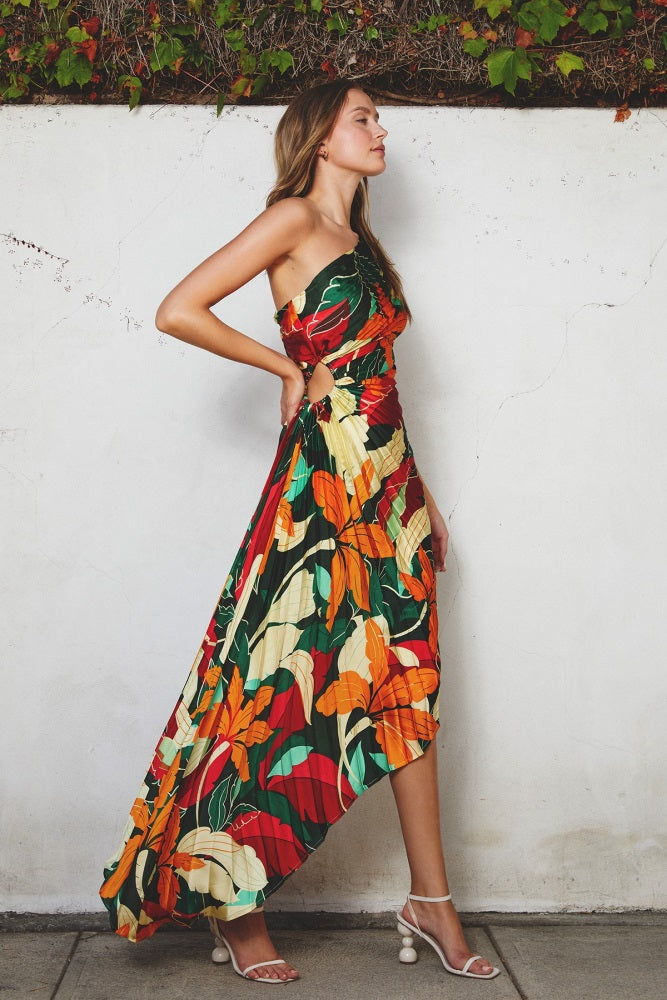 Multi-Color Floral Pleated Satin One Shoulder Asymmetrical Midi Dress PinkBlush Multi-Color Floral Pleated Satin One Shoulder Asymmetrical Midi Dress PinkBlush