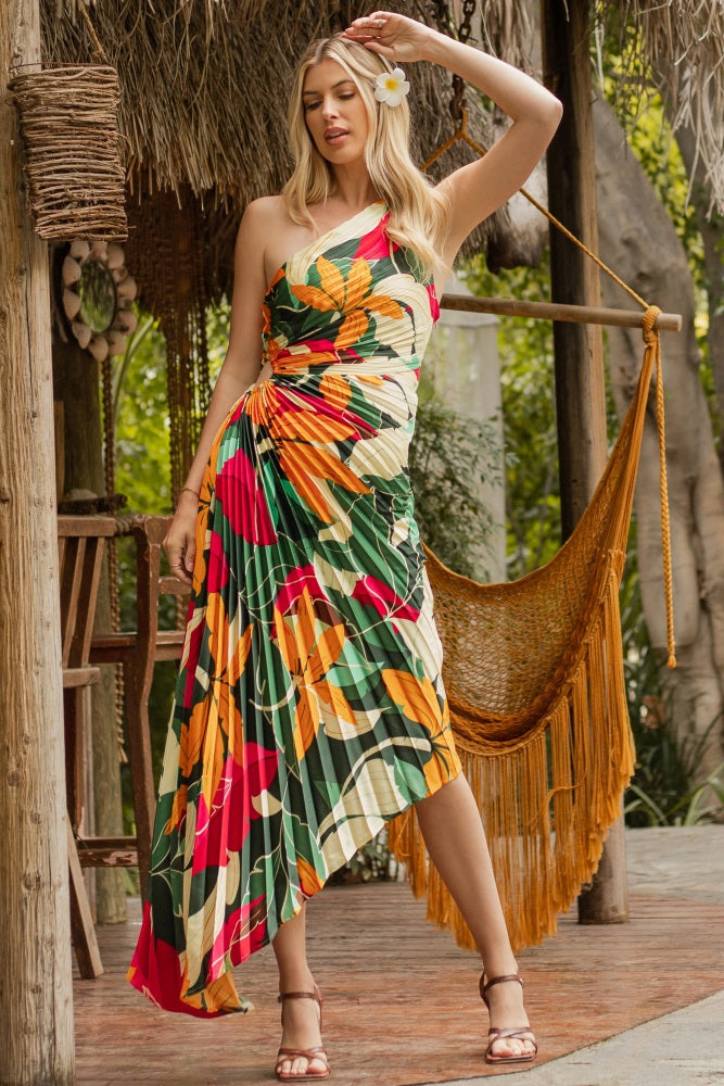 Multi-Color Floral Pleated Satin One Shoulder Asymmetrical Midi Dress Multi-Color Floral Pleated Satin One Shoulder Asymmetrical Midi Dress