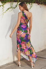 Multi Color Floral One Shoulder Midi Dress