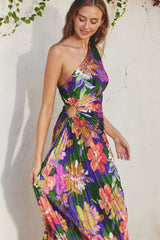 Multi Color Floral One Shoulder Midi Dress