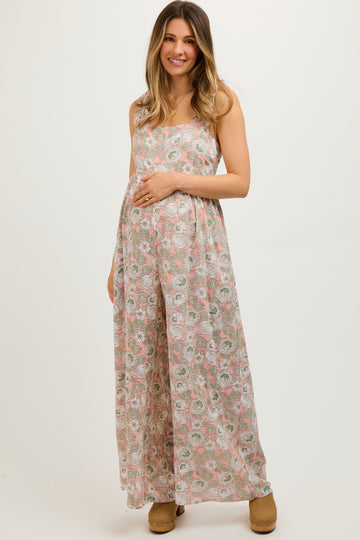 Light Pink Floral Sleeveless Tie Back Maternity Jumpsuit