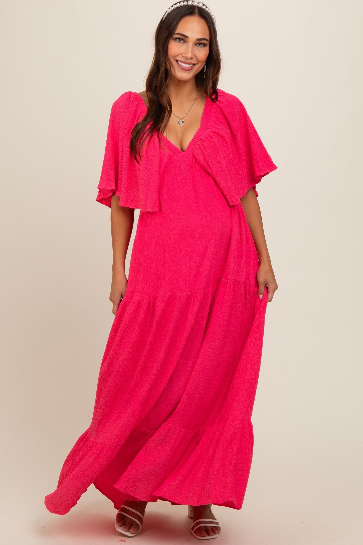 Coral Flounce Sleeve Tiered Maternity Dress