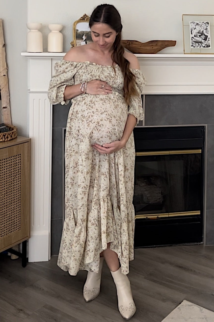 Light Olive Smocked Handkerchief Hem Maternity Dress