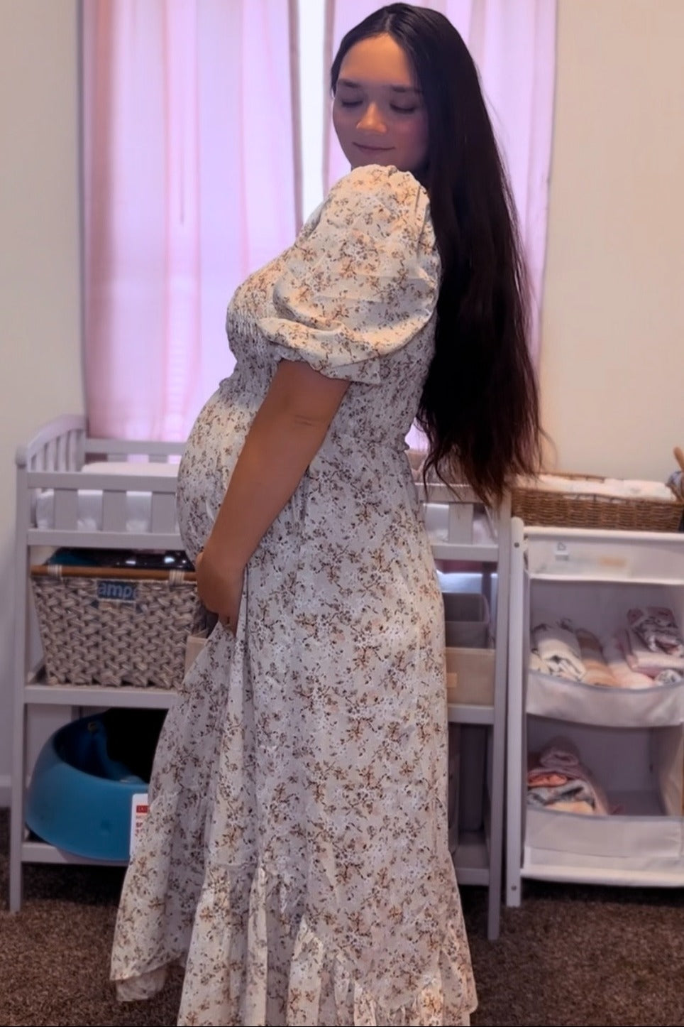 Light Olive Smocked Handkerchief Hem Maternity Dress