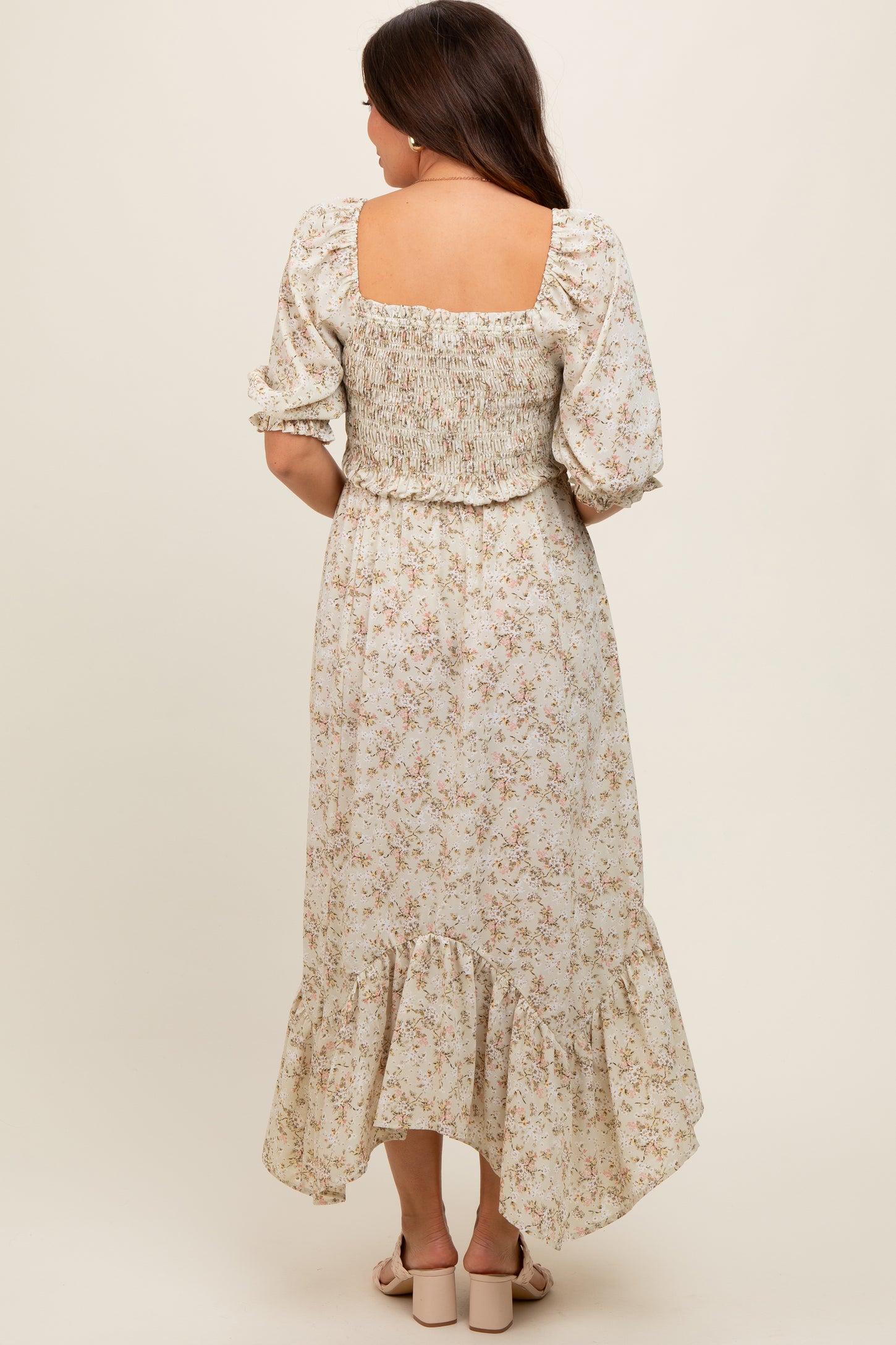 Light Olive Smocked Handkerchief Hem Maternity Dress