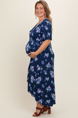 Navy Floral Short Sleeve Maternity Plus Warp Dress