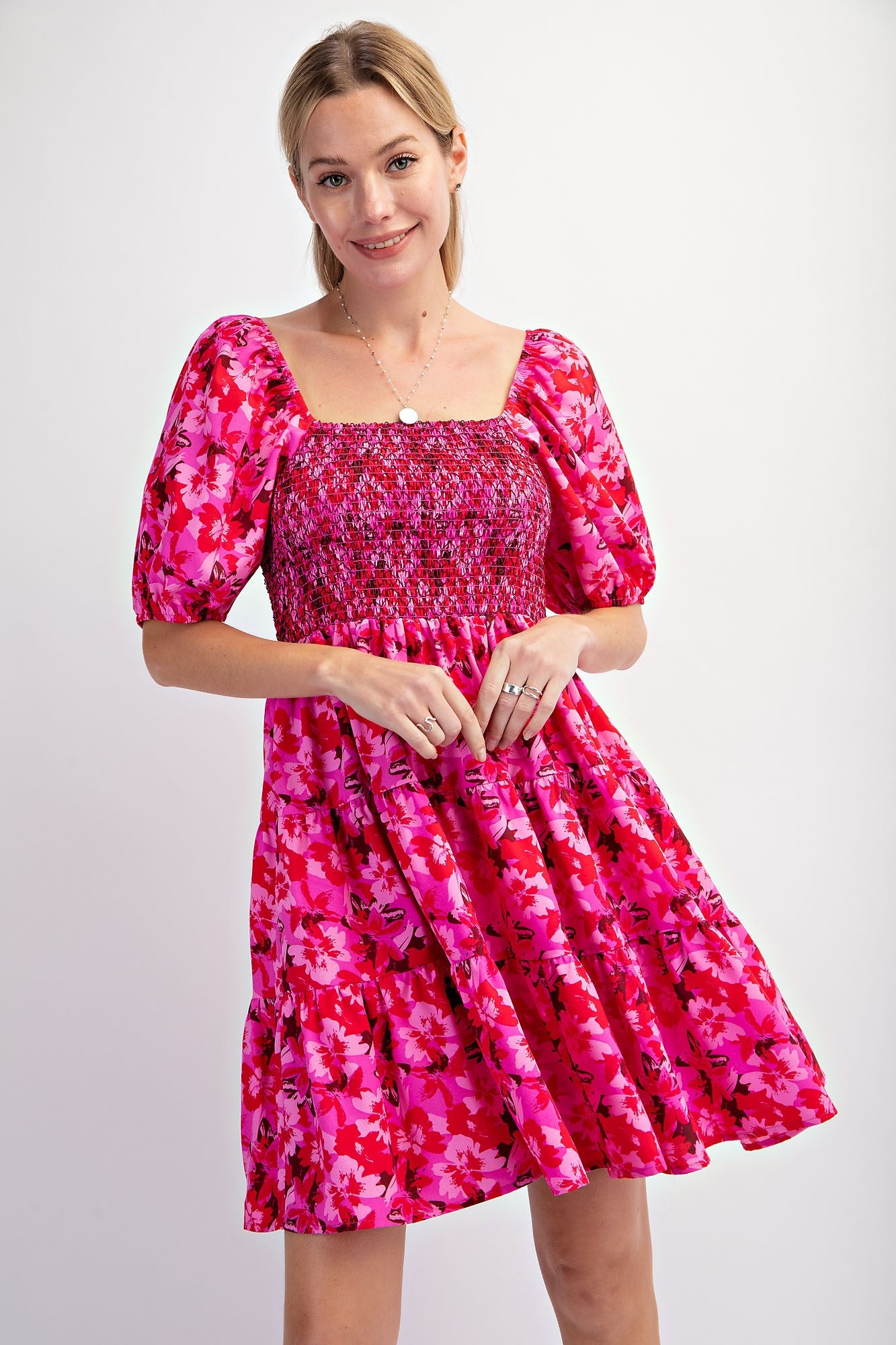 Fuchsia Floral Smocked Tiered Dress
