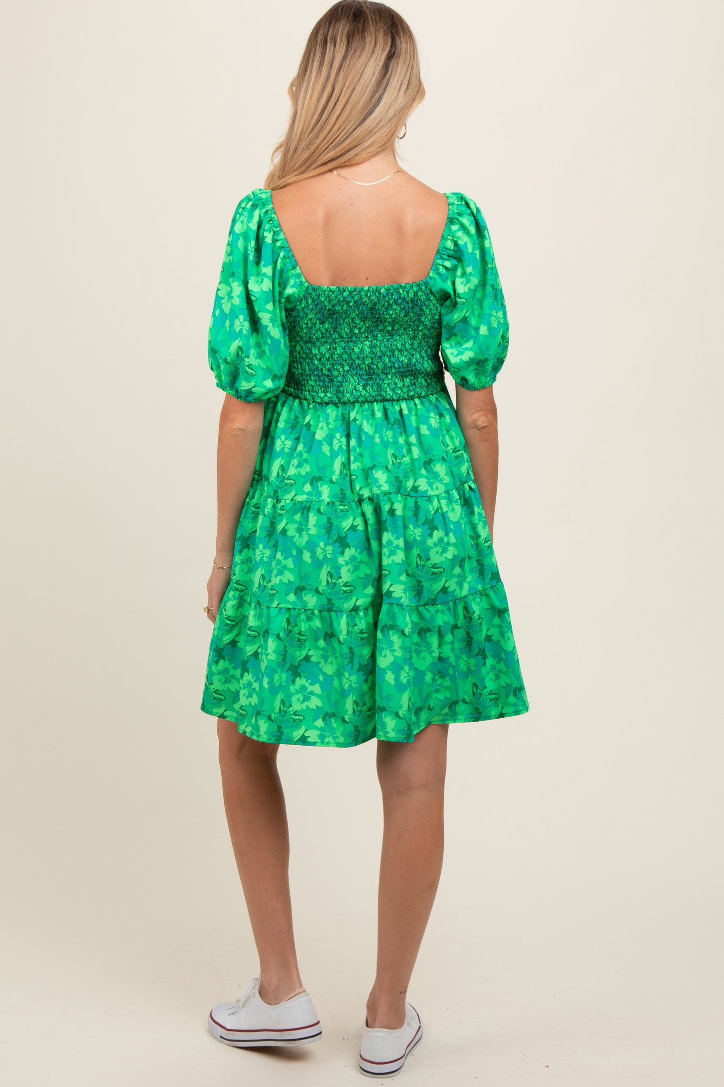 Green Floral Smocked Tiered Maternity Dress