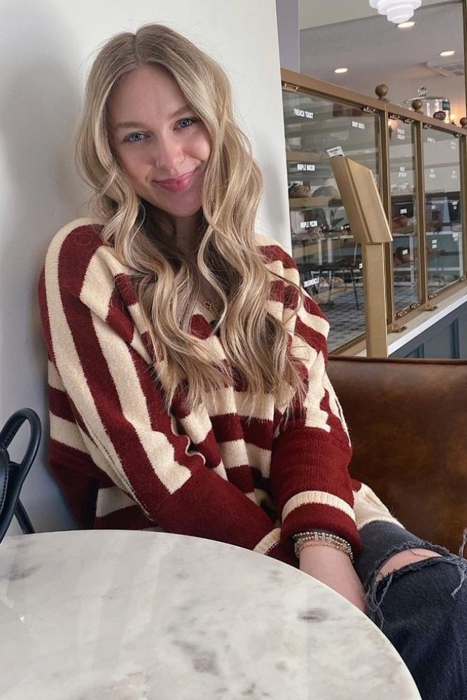 Cream Maroon Striped Sweater Cardigan