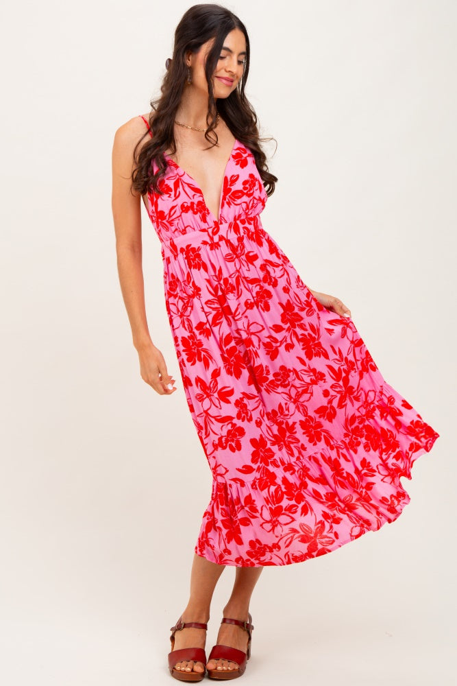 Pink Floral Print Halter Dress
