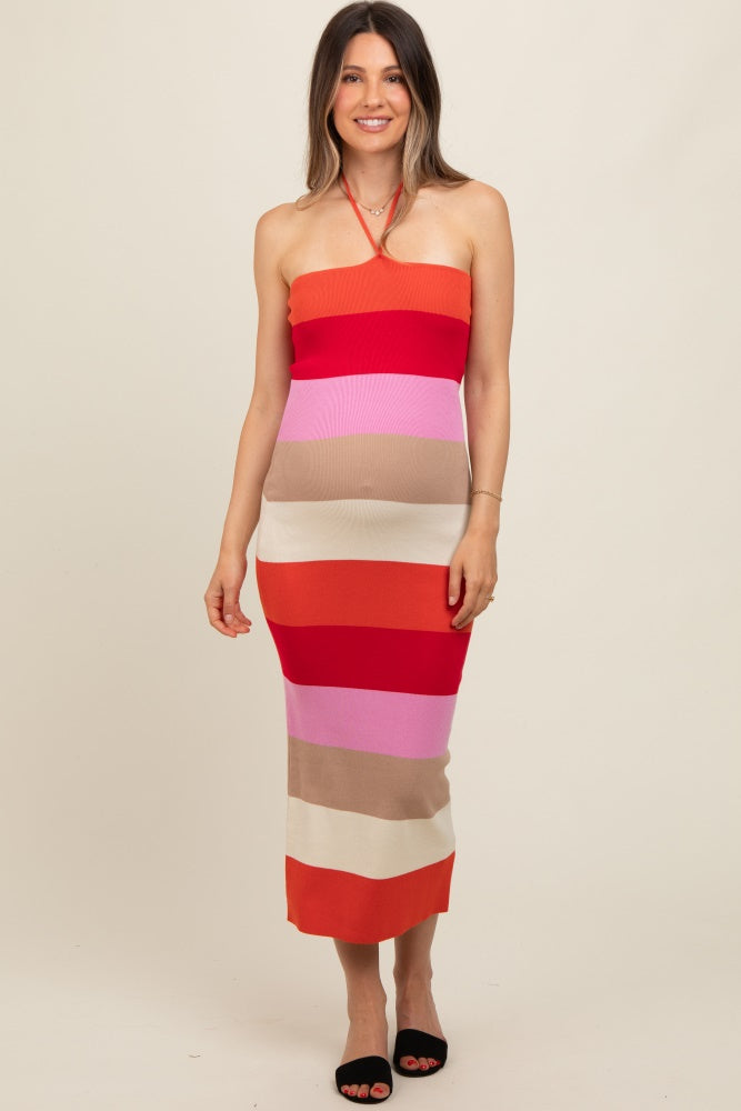 Orange Bodycon Halter Maternity Midi Dress