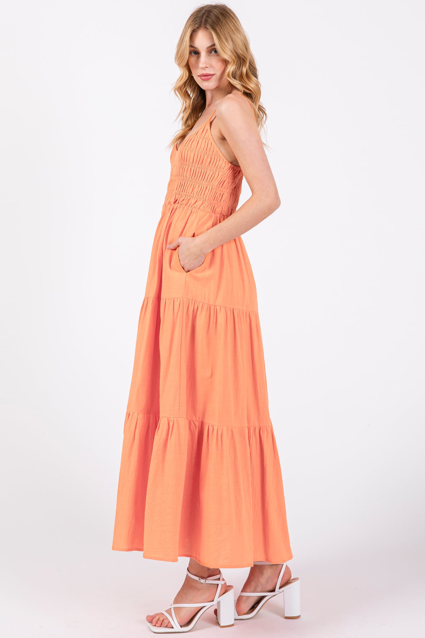 Orange Smocked V-Neck Sleeveless Tiered Midi Dress