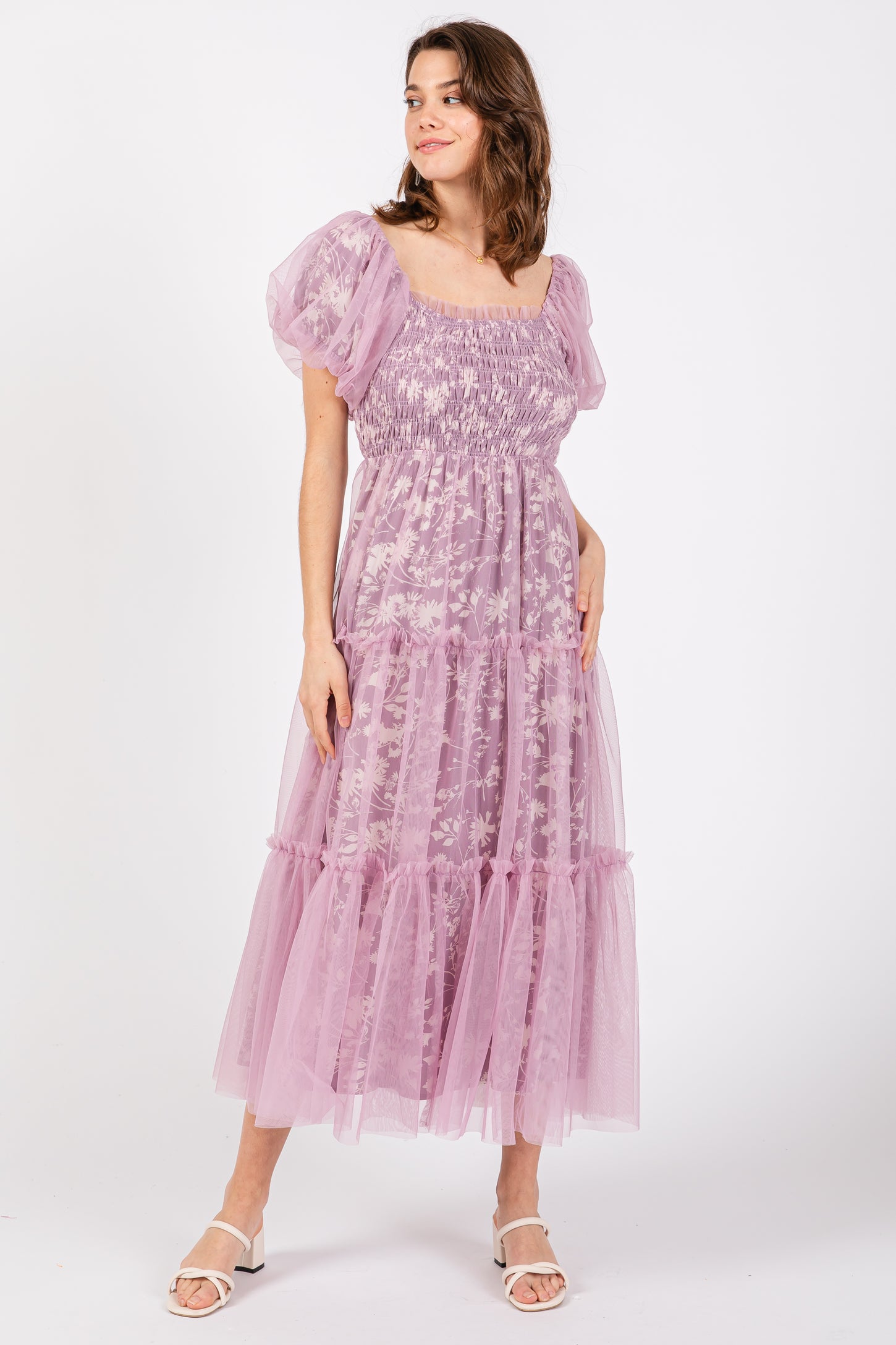 Mauve Floral Lined Smocked Tulle Maternity Midi Dress