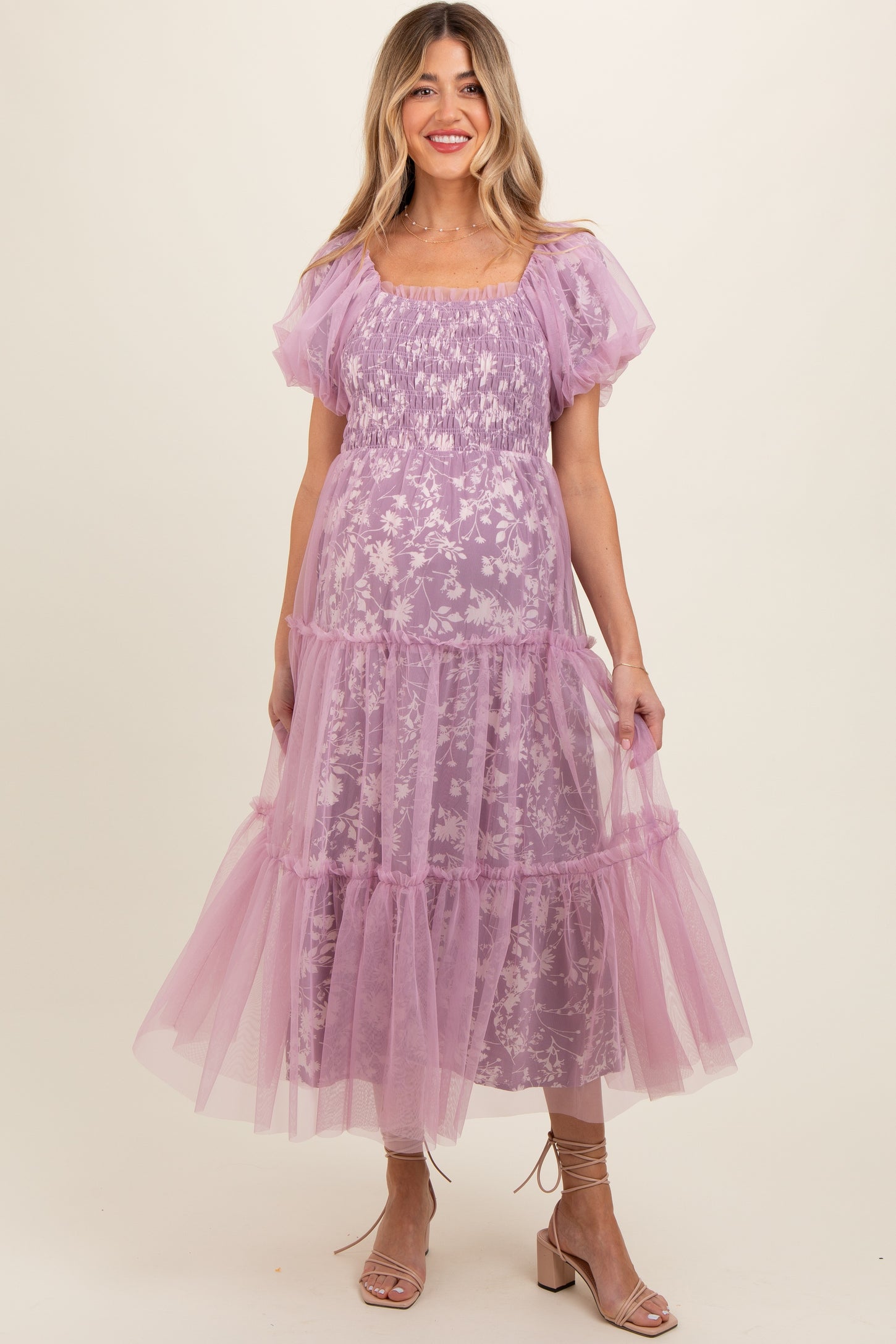 Mauve Floral Lined Smocked Tulle Maternity Midi Dress