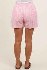 Pink Striped Button Accent Maternity Shorts