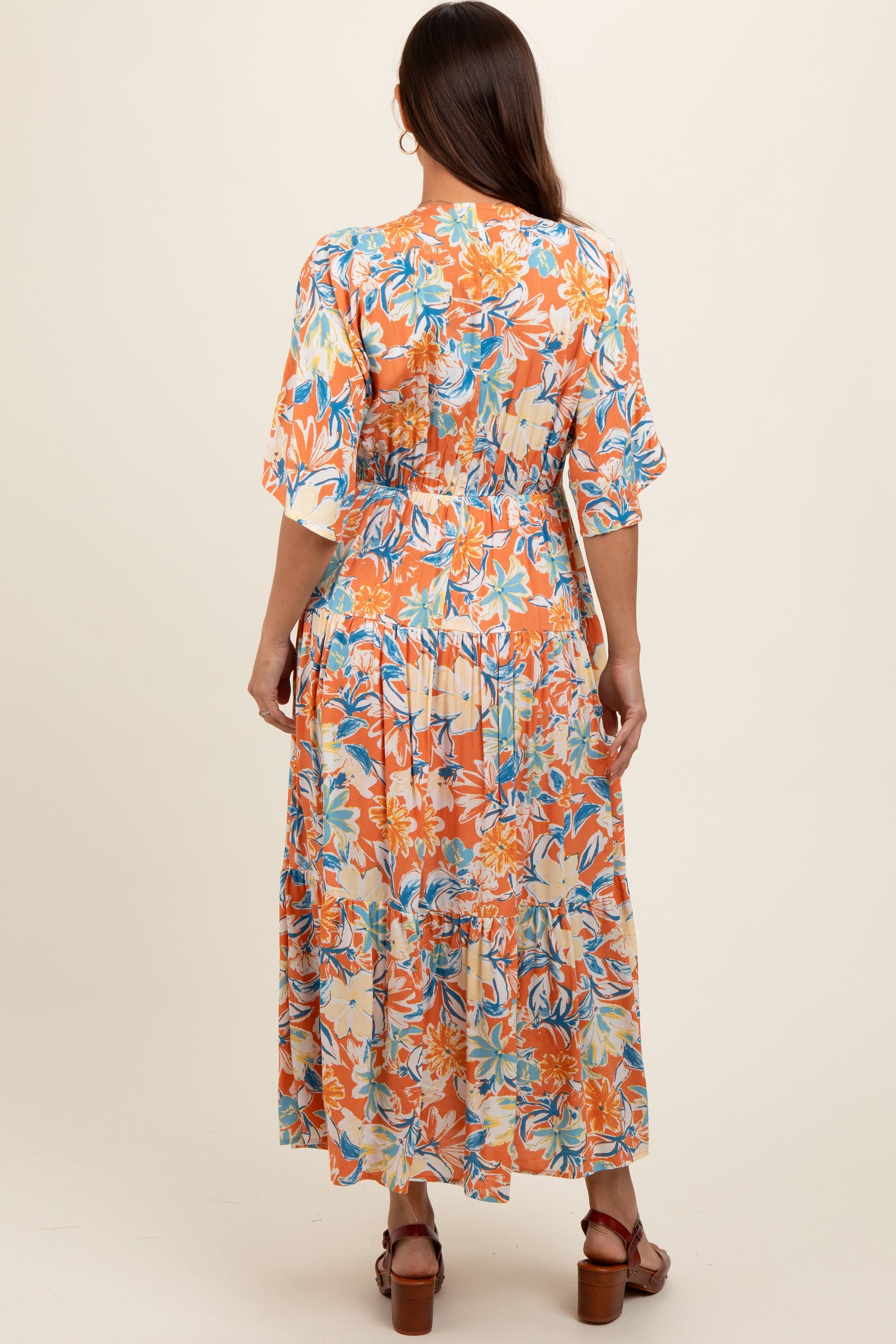 Peach Floral Dolman Sleeve Tiered Maternity Dress