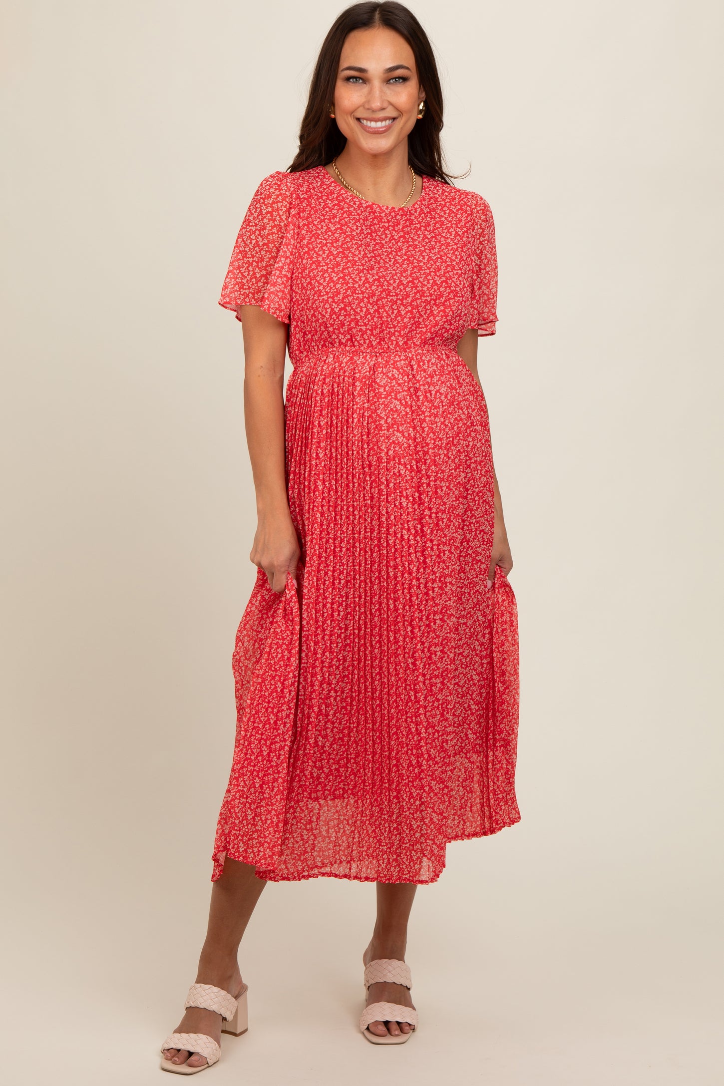 Red Ditsy Floral Pleated Maternity Midi Dress
