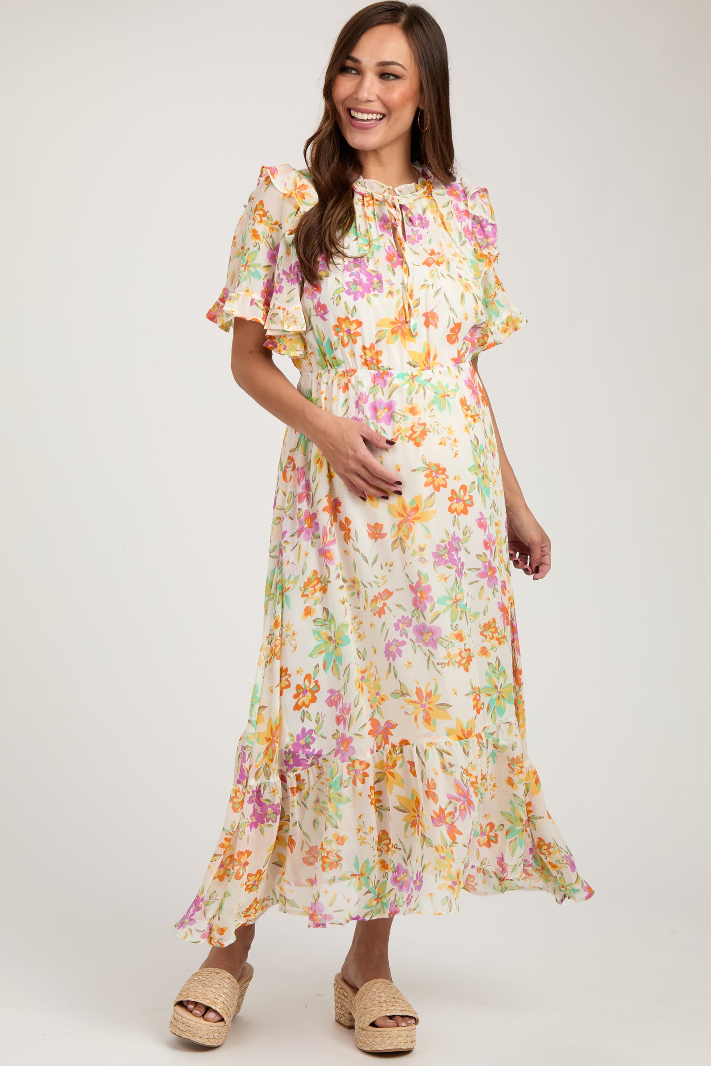 Ivory Floral Ruffle Accent Maternity Midi Dress