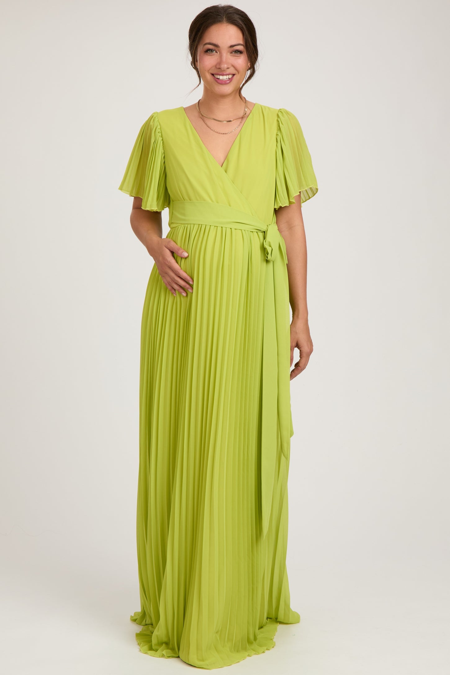 Lime Chiffon Wrap Front V-Neck Short Sleeve Pleated Maternity Maxi Dress