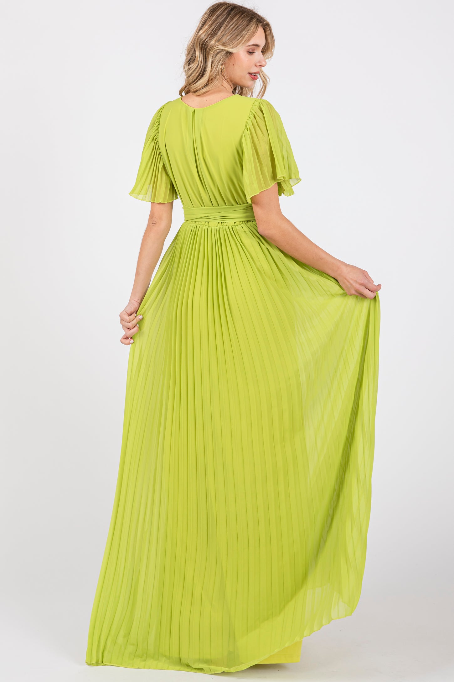 Lime Chiffon Wrap Front V-Neck Short Sleeve Pleated Maxi Dress