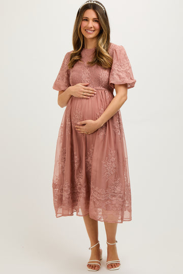 Mauve Floral Lace Smocked Maternity Midi Dress