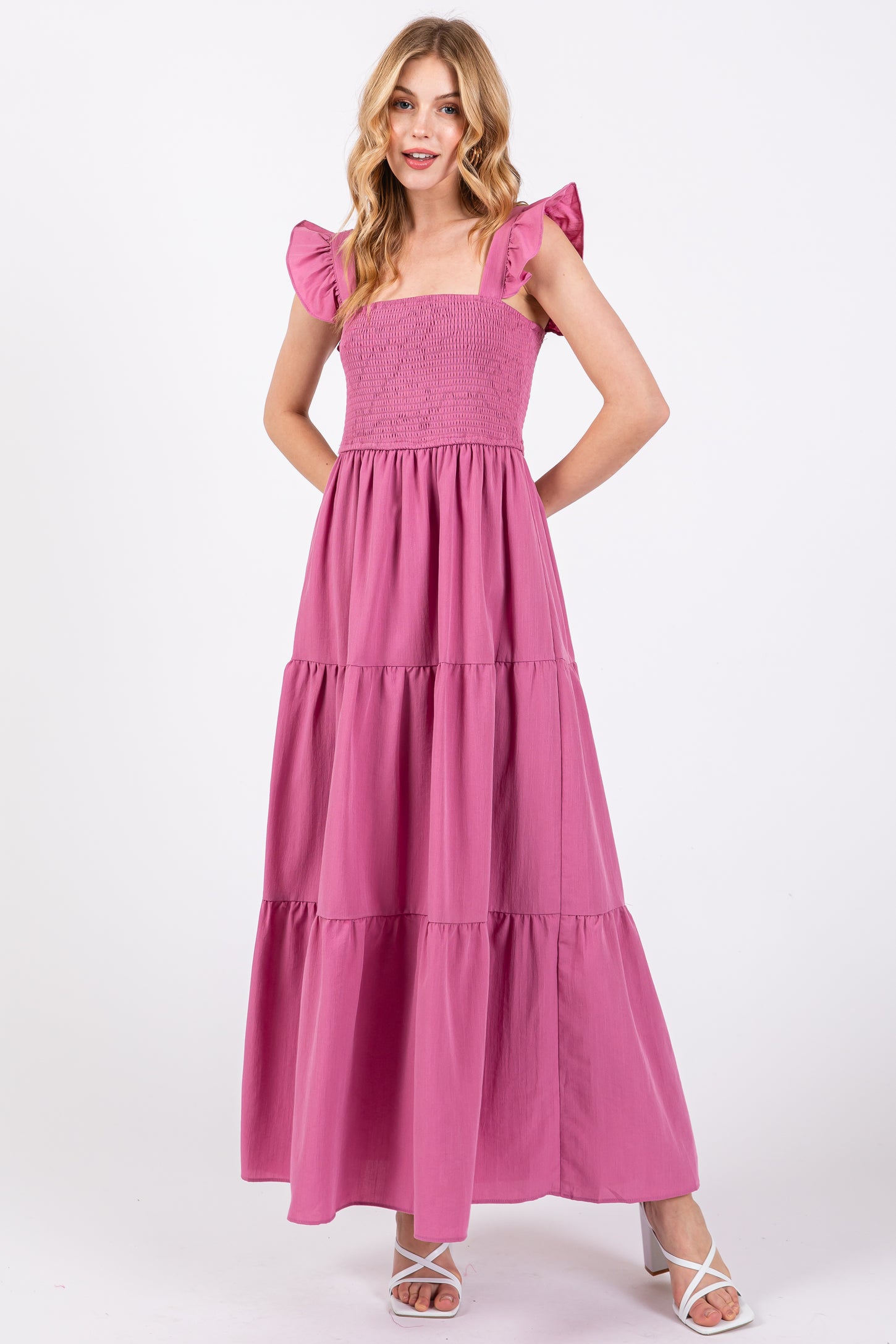Mauve Sleeveless Smocked Tiered Maternity Maxi Dress