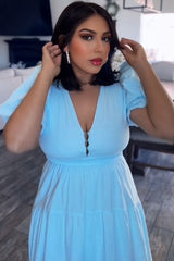Baby Blue Puff Sleeve Midi Dress