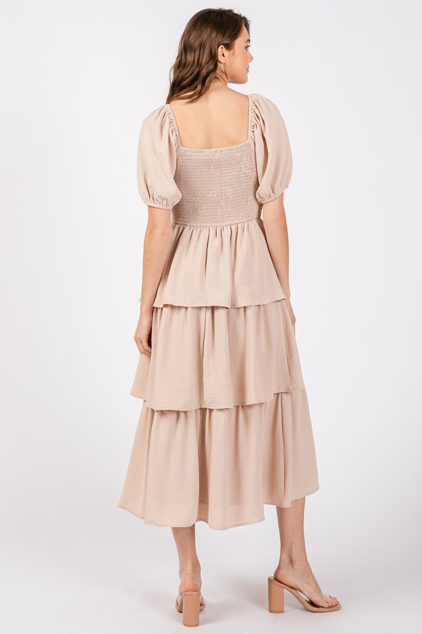 Beige Smocked Square Neck Short Puff Sleeve Ruffle Tiered Midi Dress
