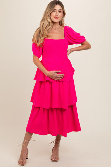 Fuchsia Smocked Body Ruffled Tiered Maternity Dress