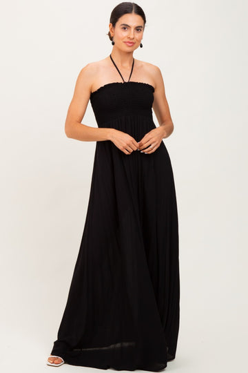 Black Smocked Halter Maxi Dress