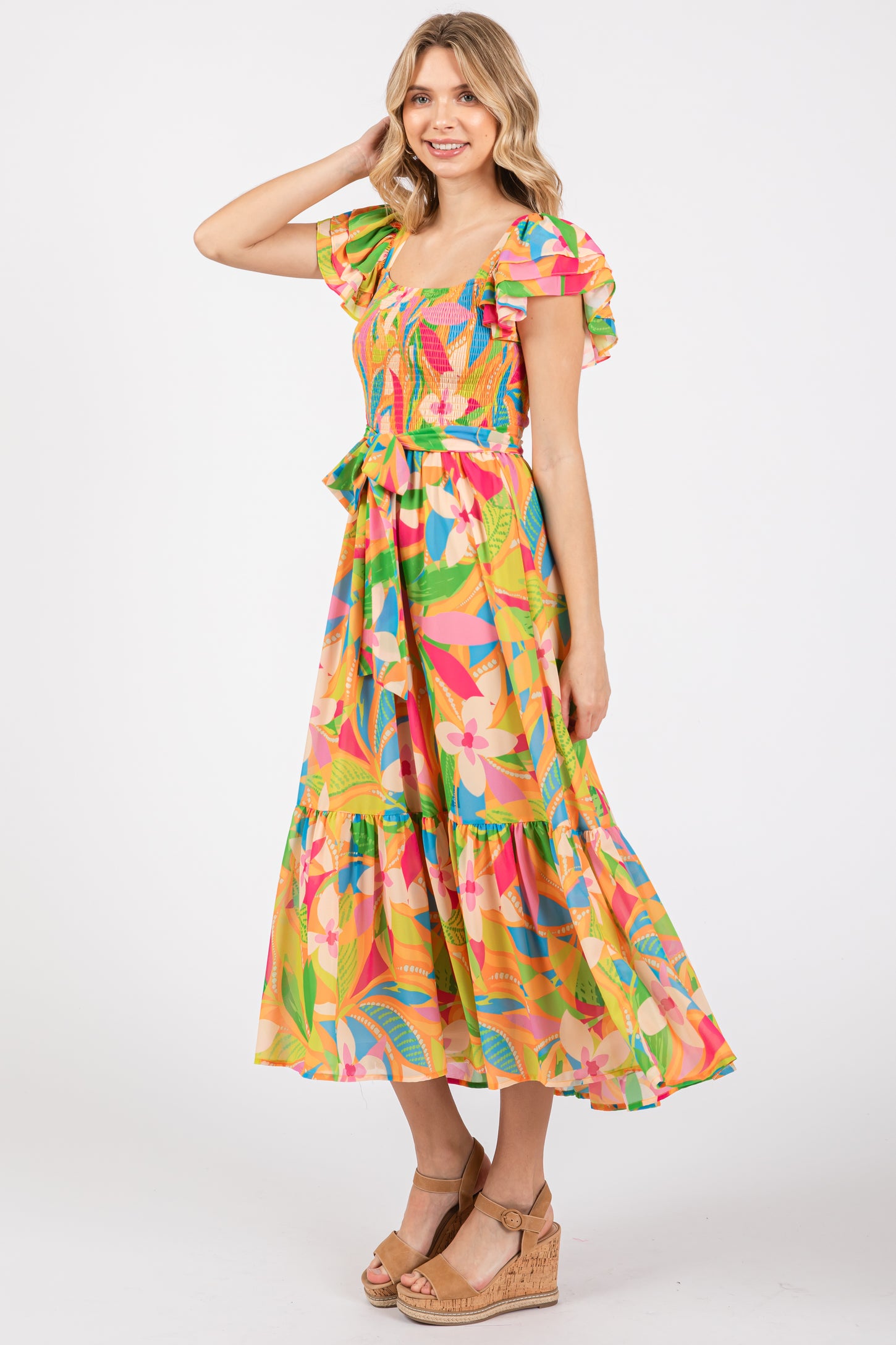 Orange Floral Print Flounce Sleeve Midi Dress