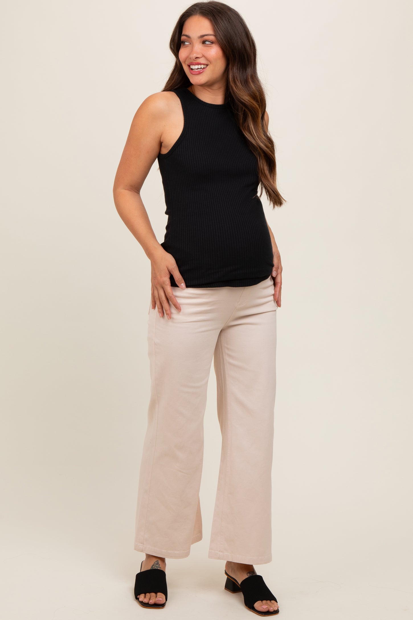 Cream Wide Leg Cropped Maternity Pants