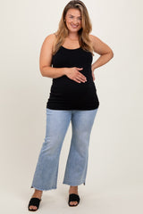 Light Blue Fringe Hem Maternity Plus Crop Flare Jeans