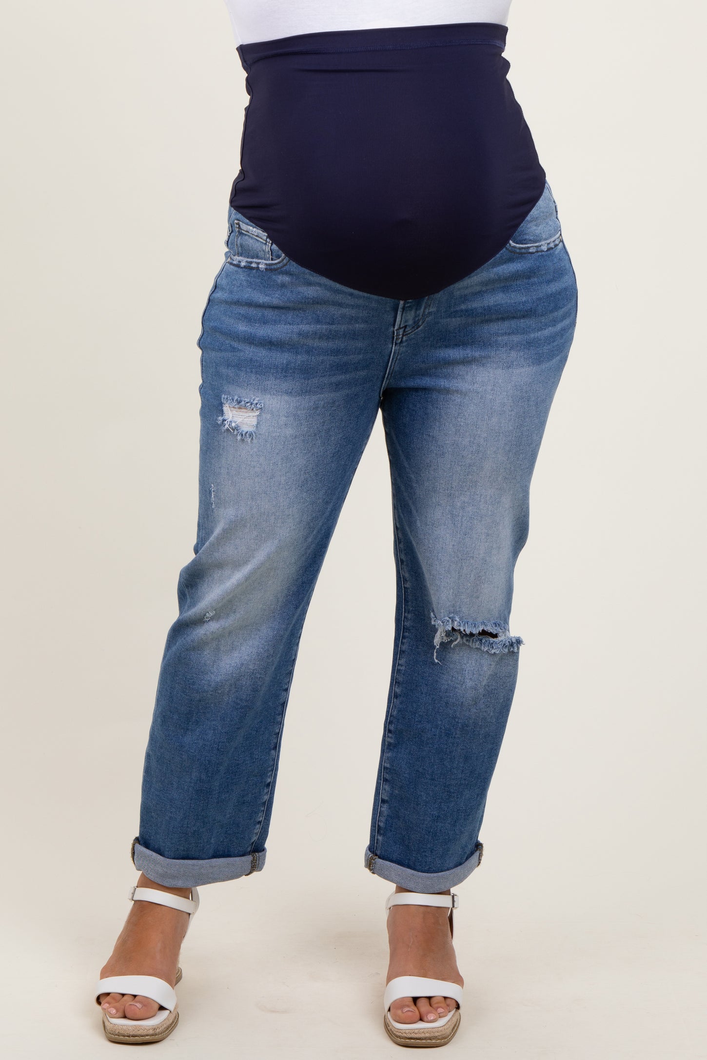 Navy Rolled Hem Distressed Straight Leg Maternity Plus Jeans