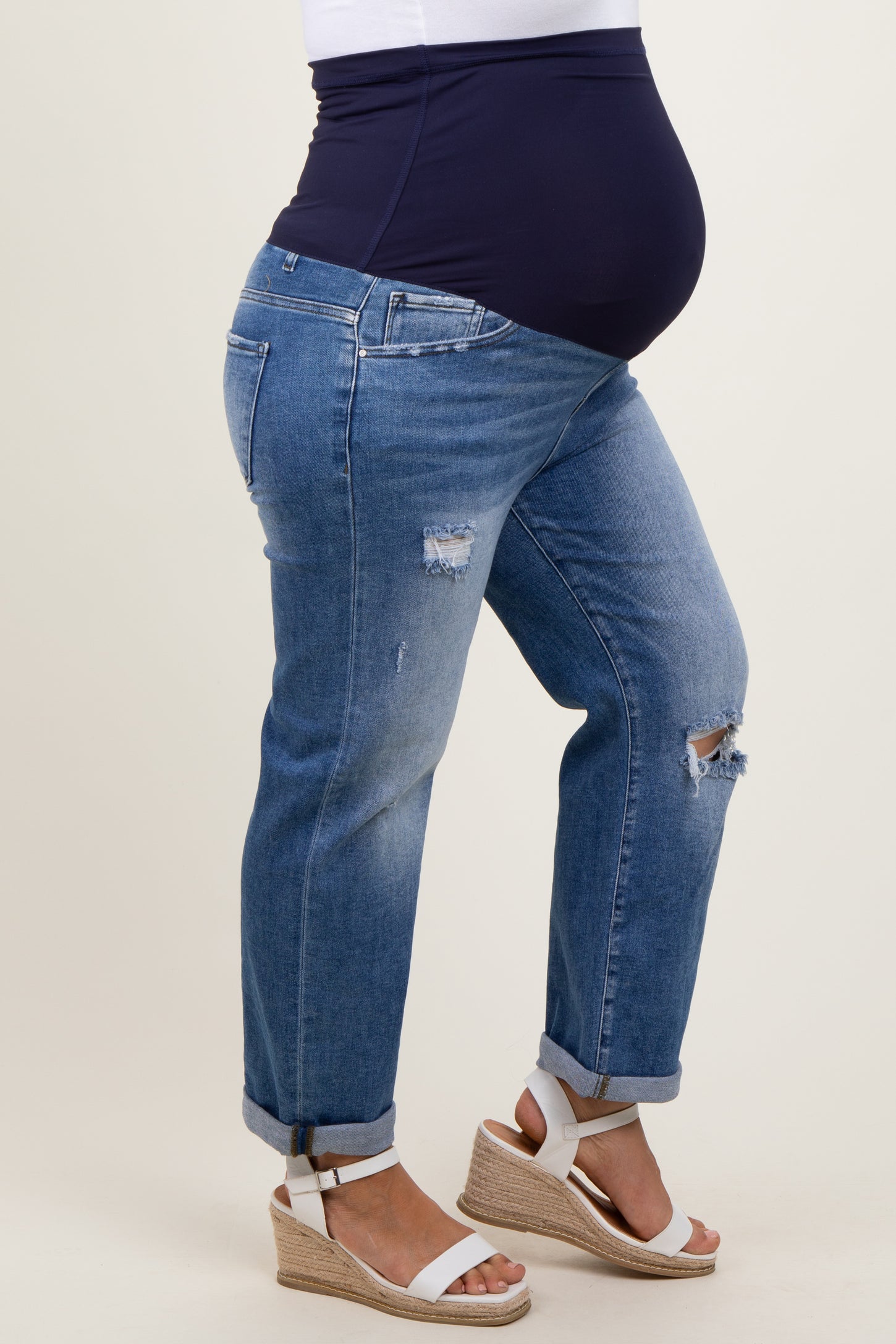 Navy Rolled Hem Distressed Straight Leg Maternity Plus Jeans