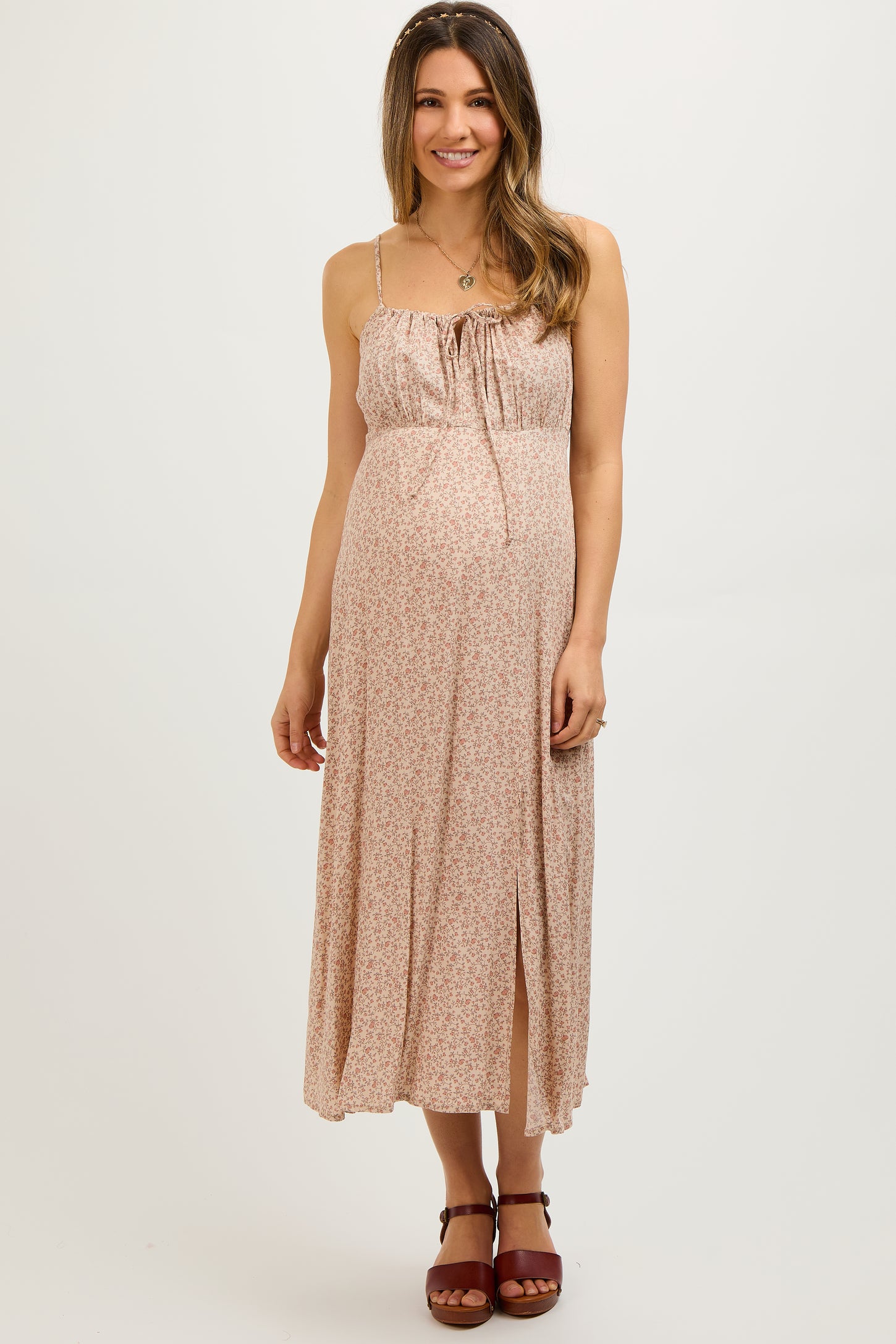Beige Ditsy Floral Side Slit Maternity Midi Dress