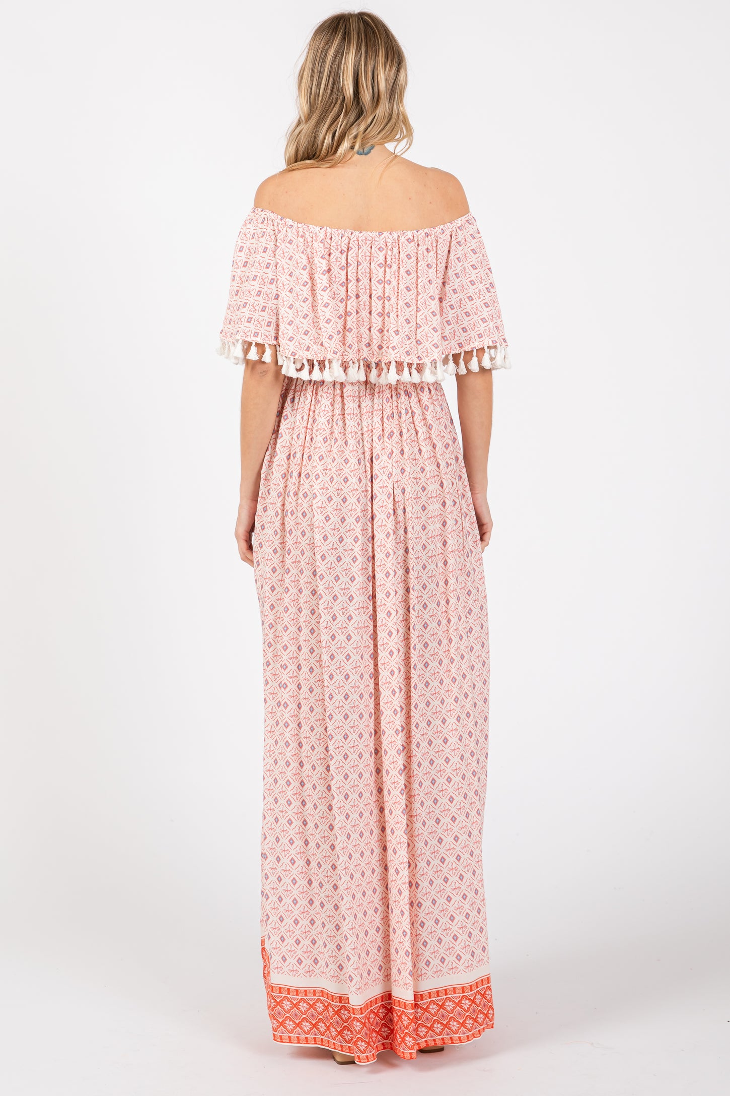 Peach Tile Off Shoulder Tassel Edge Maxi Dress