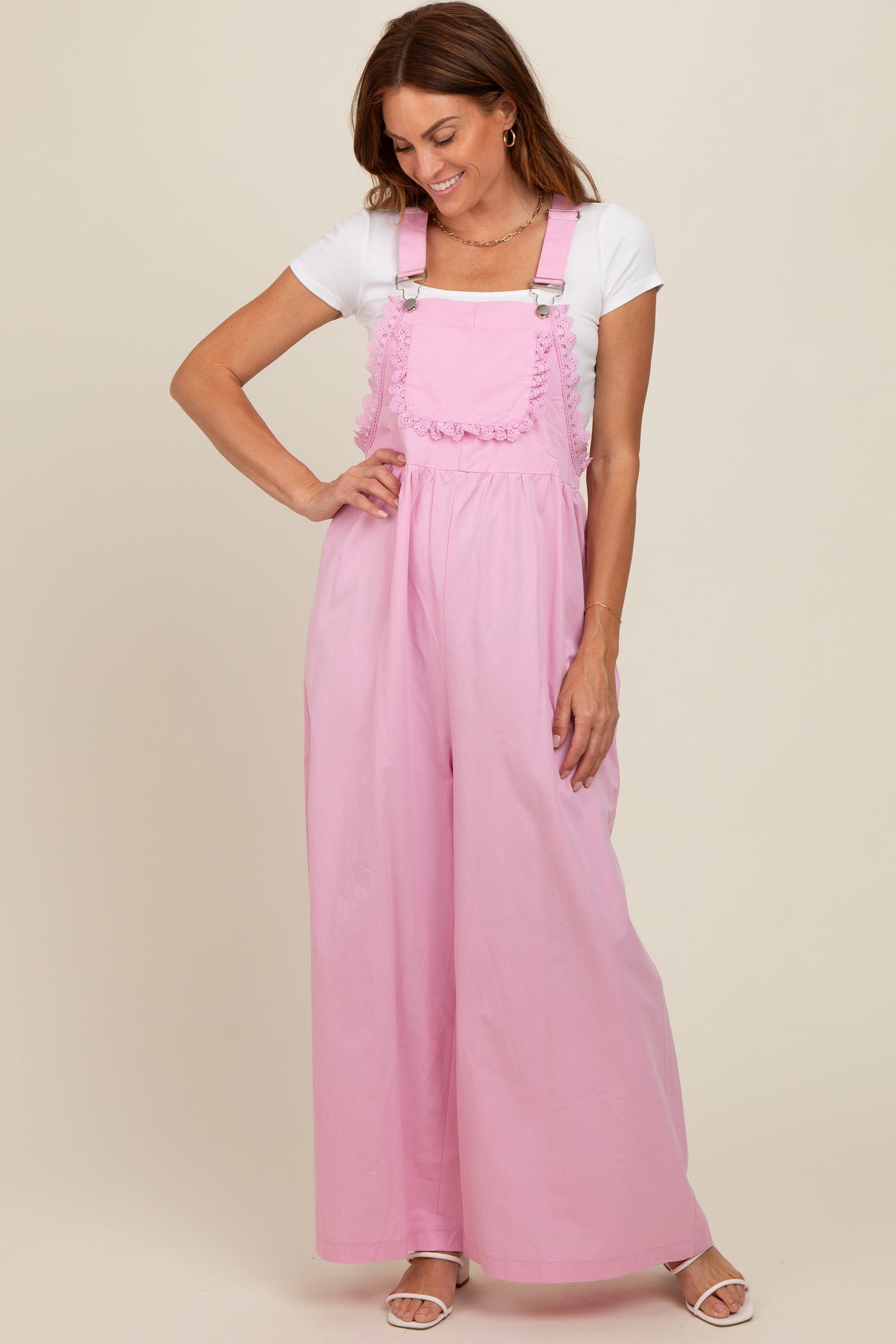 Light Pink Crochet Lace Trim Overalls