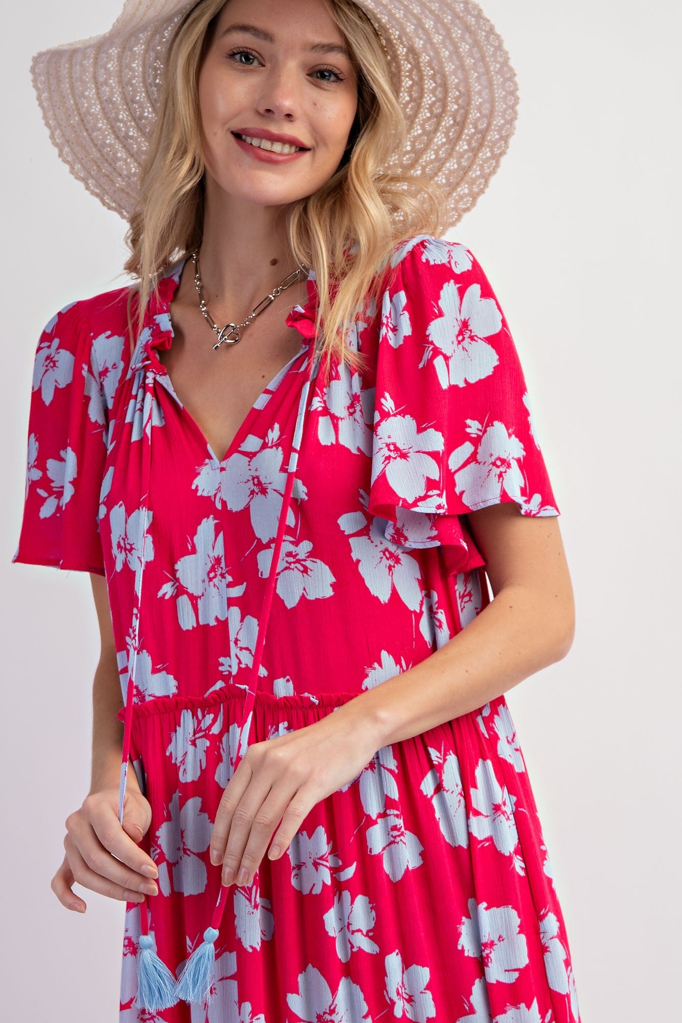 Coral Floral Ruffle Neck Tiered Maternity Maxi Dress