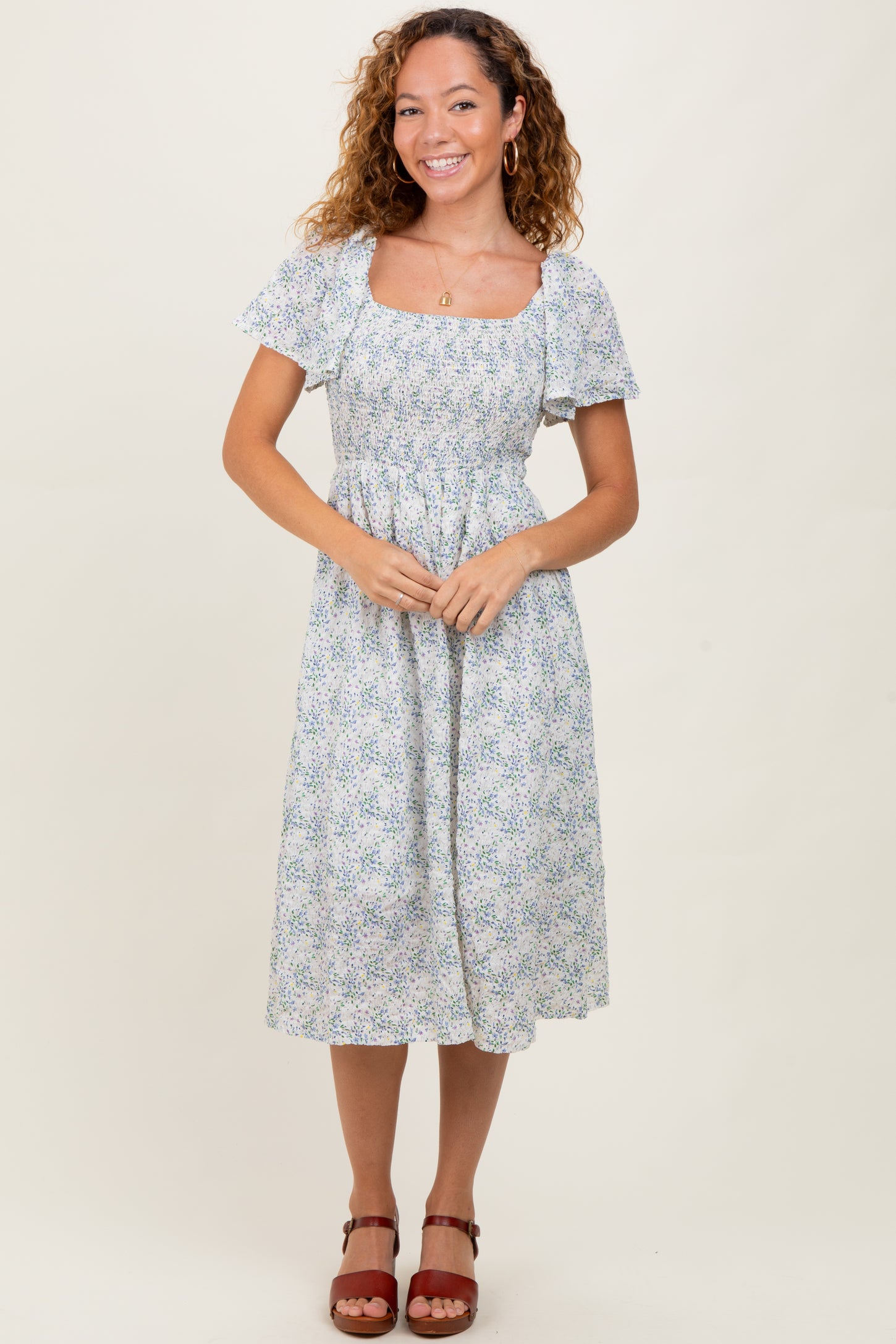 White Floral Square Neck Smocked Midi Dress