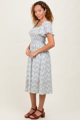White Floral Square Neck Smocked Midi Dress