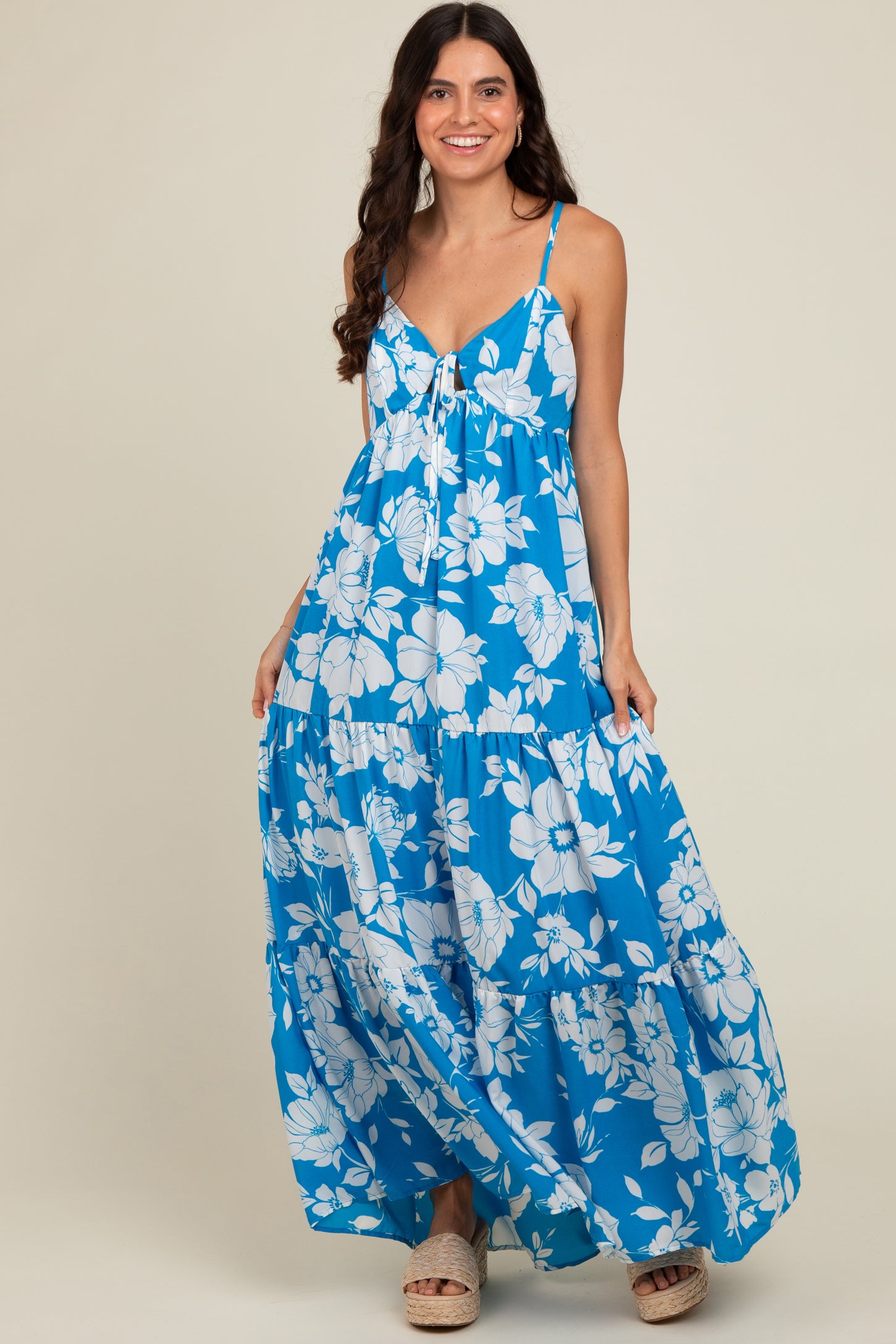 Royal Tropical Floral Open Back Maxi Dress