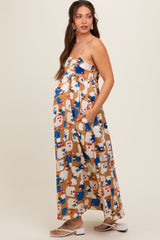 Taupe Leaf Print Open Lace-Up Back Maternity Maxi Dress