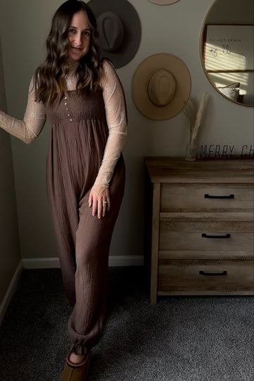 Brown Gauze Button Front Smocked Shoulder Tie Jumpsuit