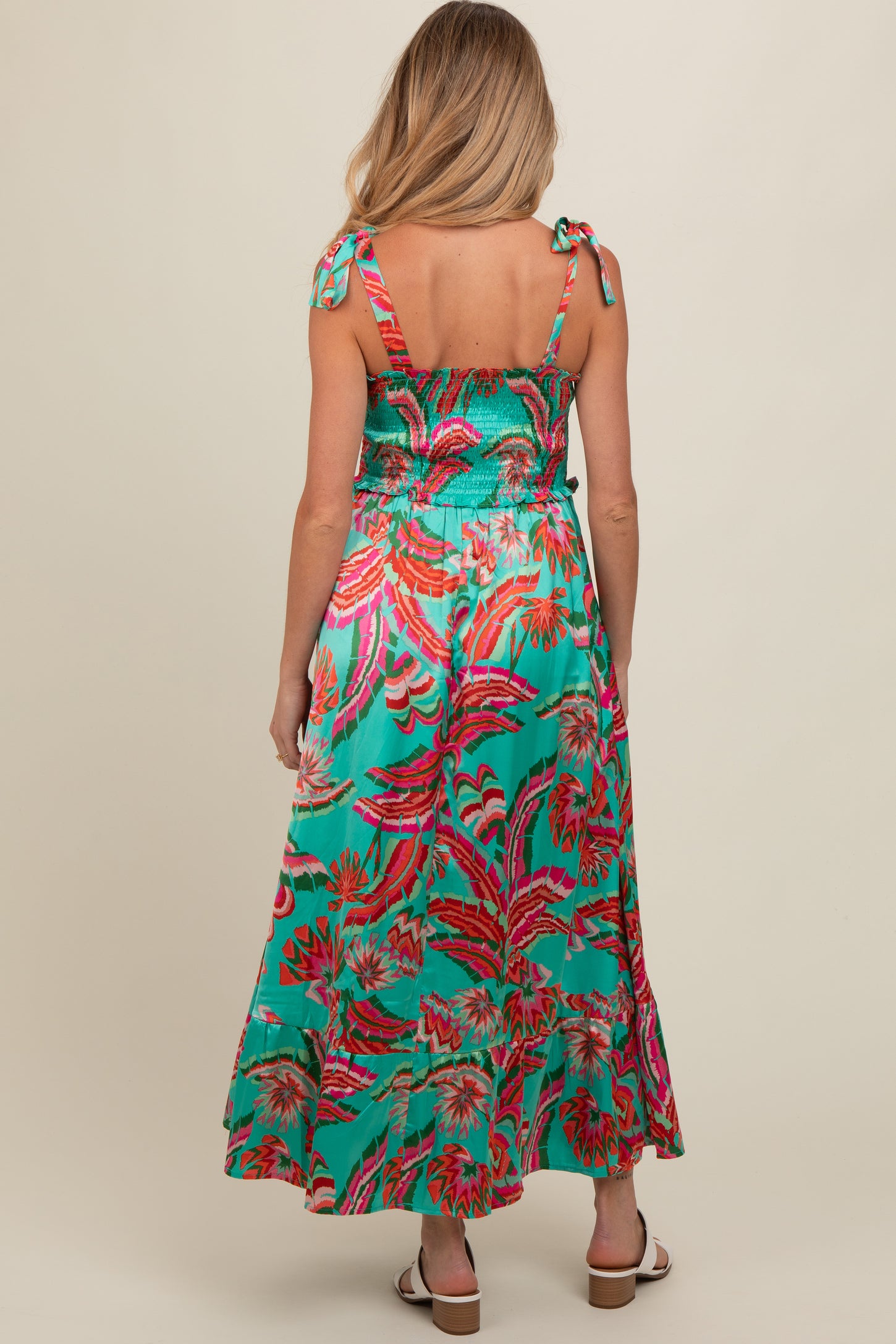 Turquoise Printed Smocked Bodice Maternity Maxi Dress