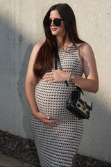 Beige Striped Knit Fitted Sleeveless Maternity Maxi Dress