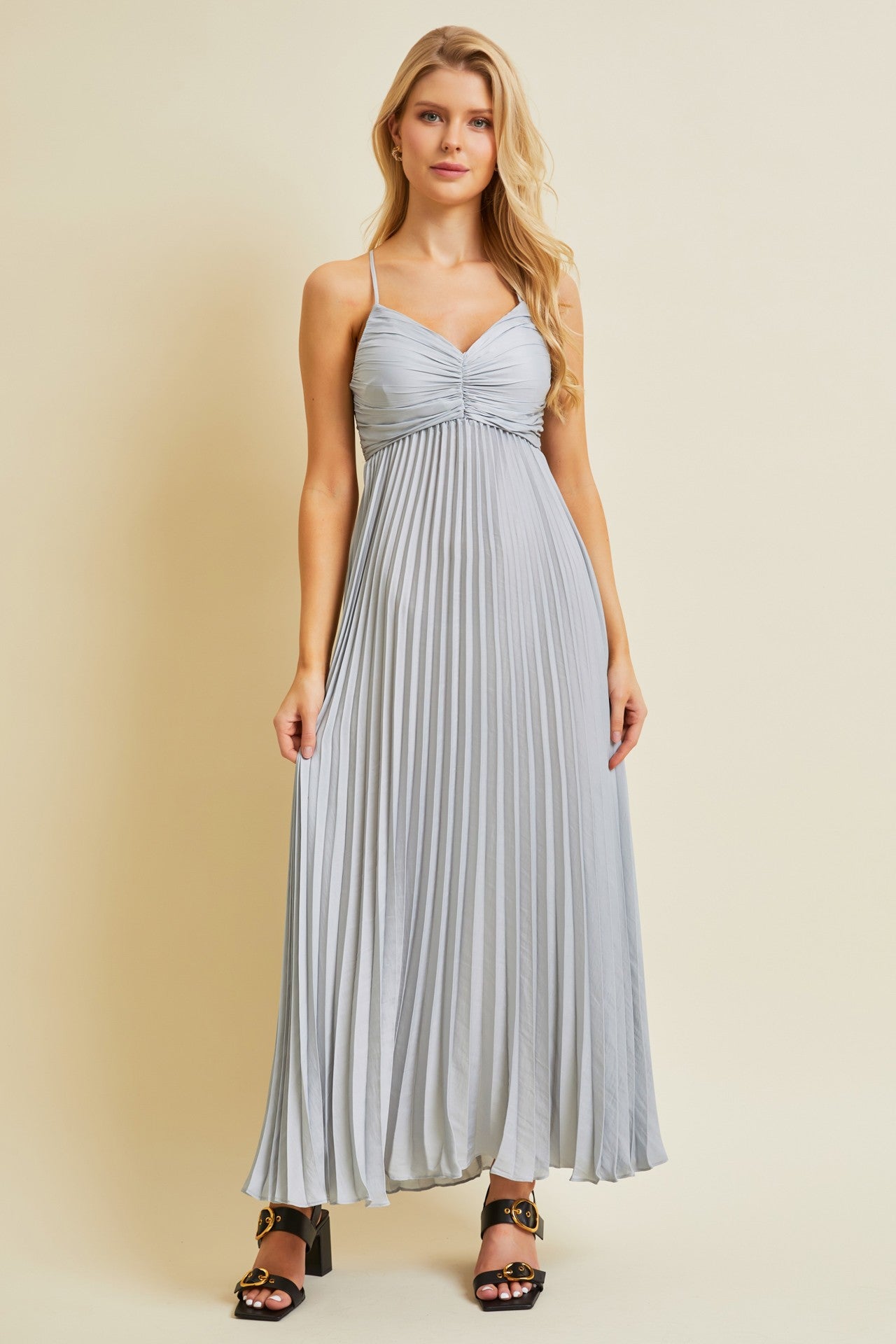 Silver Pleated Back Cutout Tie Maternity Maxi Dress
